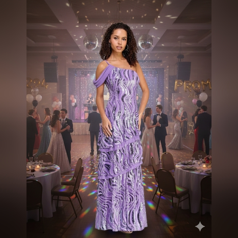 NWT Size 5 Morgan & Company Lavender Sequin Embellished Tiered Gown